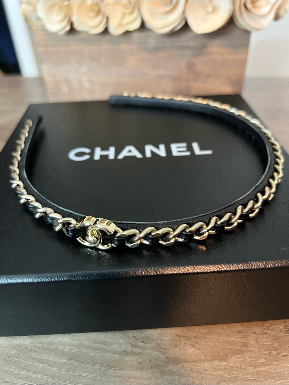 CHANEL Black Leather-Wrapped Gold Chain Headband with CC Charm